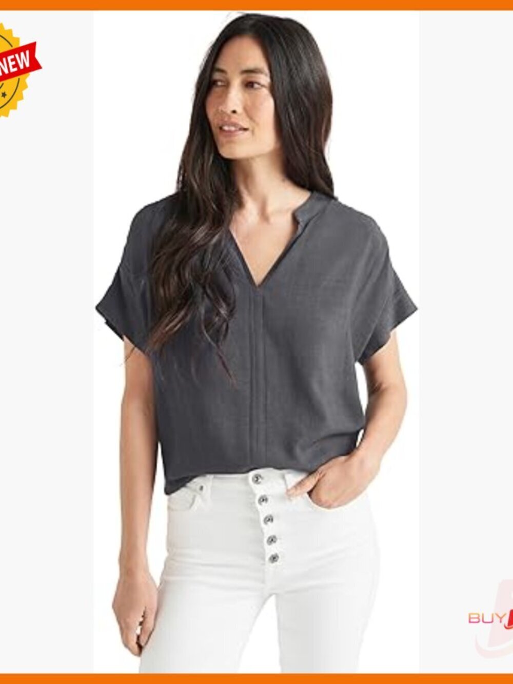Rayon Linen Blend Blouse V-Neck Cap Sleeves Loose Fit Casual Top